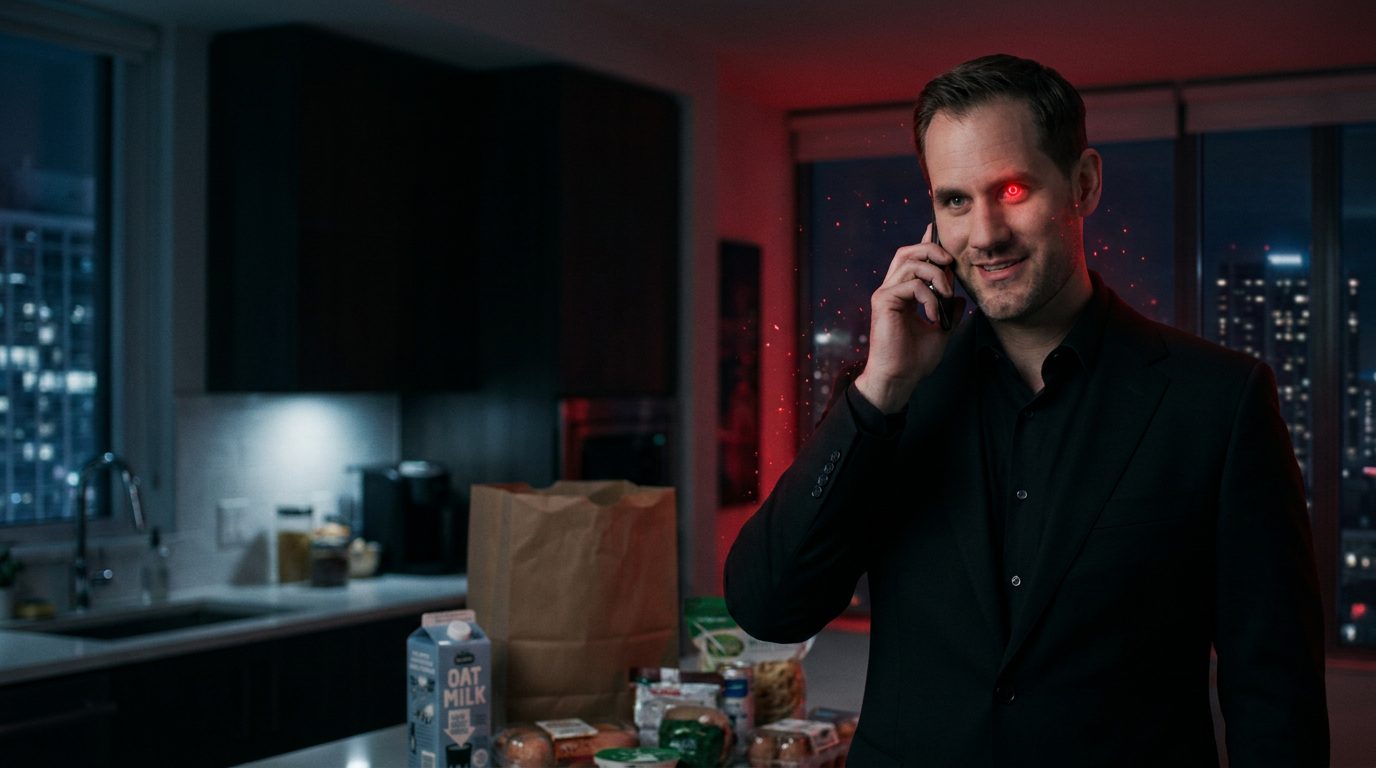 Red, a piros szemű AI-klón éjszaka telefonál, kedves, megnyugtató mosollyal; mellette a konyhapulton egy kibontott papír bevásárlószatyor és egy doboz zabtej.