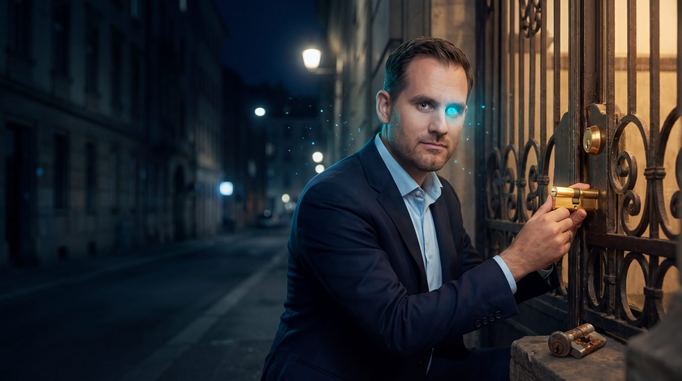 Blue, a kék szemű AI-klón éjjel egy társasház bejárati kapujánál új zárbetétet szerel be, a régi zár a lábánál fekszik.